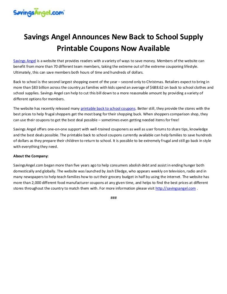 Price savings Angel Announces Refreshing Again in direction of College or university Provide Printable photo regarding School Supplies Printable Coupons called Personal savings Angel Announces Fresh Back again towards College or university Offer Printable